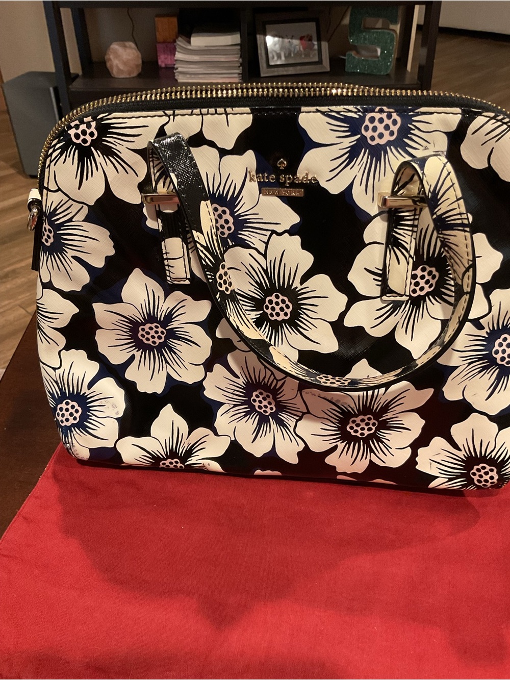 kate spade Black & White Floral Dome Satchel with Gold Hardware